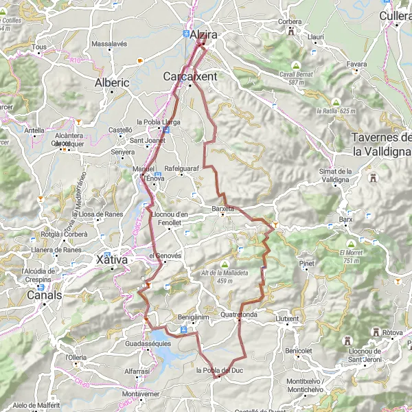 Miniatua del mapa de inspiración ciclista "Ruta por grava Alzira - Palau de Casassús" en Comunitat Valenciana, Spain. Generado por Tarmacs.app planificador de rutas ciclistas