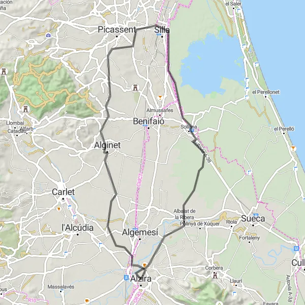 Miniatura della mappa di ispirazione al ciclismo "Cicloturismo tra Alginet, Alcàsser e Sollana partendo da Alzira" nella regione di Comunitat Valenciana, Spain. Generata da Tarmacs.app, pianificatore di rotte ciclistiche