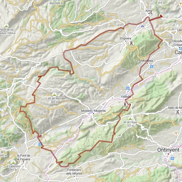 Miniature de la carte de l'inspiration cycliste "Voyage à travers les Montagnes de la Vall d'Albaida" dans la Comunitat Valenciana, Spain. Générée par le planificateur d'itinéraire cycliste Tarmacs.app