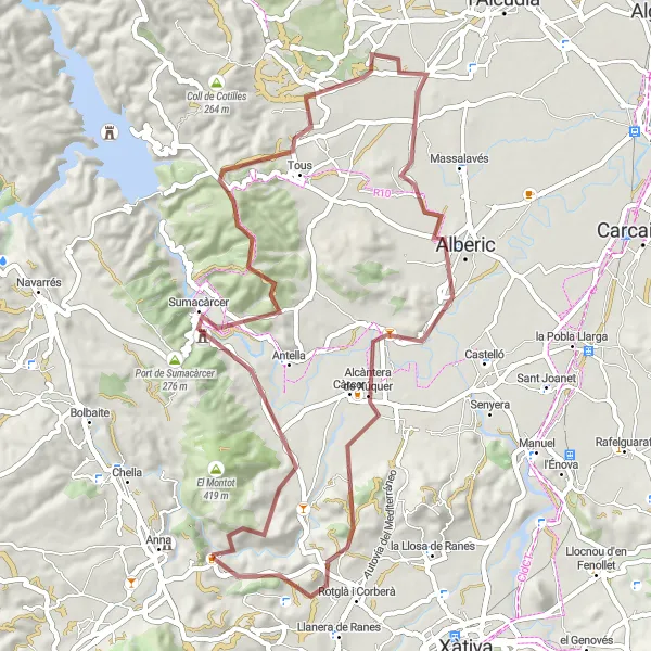 Map miniature of "Gravel Adventure through Sumacàrcer and Tous" cycling inspiration in Comunitat Valenciana, Spain. Generated by Tarmacs.app cycling route planner