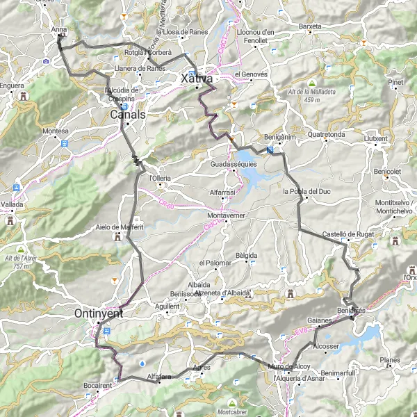 Miniatua del mapa de inspiración ciclista "Ruta en carretera Xàtiva - l'Alcúdia de Crespins" en Comunitat Valenciana, Spain. Generado por Tarmacs.app planificador de rutas ciclistas