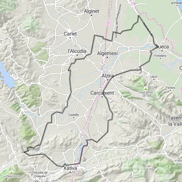 Miniaturní mapa "Okruh kolem Alcàntera de Xúquer" inspirace pro cyklisty v oblasti Comunitat Valenciana, Spain. Vytvořeno pomocí plánovače tras Tarmacs.app