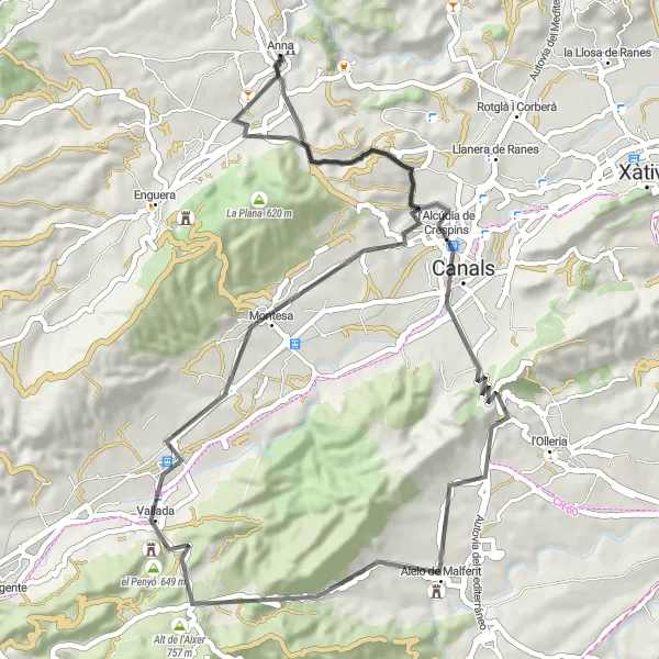 Map miniature of "Cycling through L'Alcudia de Crespins and Ana" cycling inspiration in Comunitat Valenciana, Spain. Generated by Tarmacs.app cycling route planner