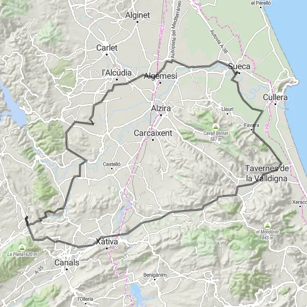 Miniaturní mapa "Okružní silniční trasa kolem Anny" inspirace pro cyklisty v oblasti Comunitat Valenciana, Spain. Vytvořeno pomocí plánovače tras Tarmacs.app