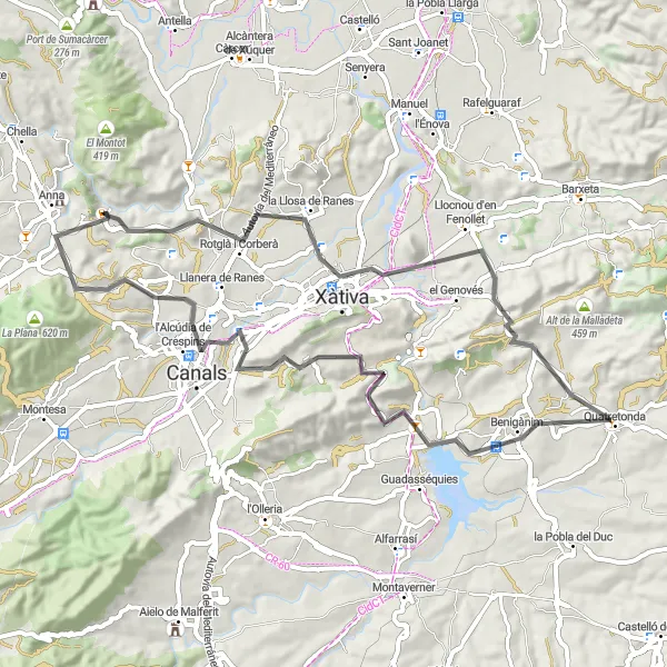 Map miniature of "Scenic Cycling Tour through Xàtiva and Cerdà" cycling inspiration in Comunitat Valenciana, Spain. Generated by Tarmacs.app cycling route planner