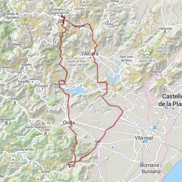 Miniatura della mappa di ispirazione al ciclismo "Gravel di Artana a Betxí" nella regione di Comunitat Valenciana, Spain. Generata da Tarmacs.app, pianificatore di rotte ciclistiche