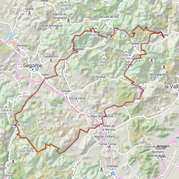 Miniaturní mapa "Gravel Artana - Pic d'Espadà" inspirace pro cyklisty v oblasti Comunitat Valenciana, Spain. Vytvořeno pomocí plánovače tras Tarmacs.app