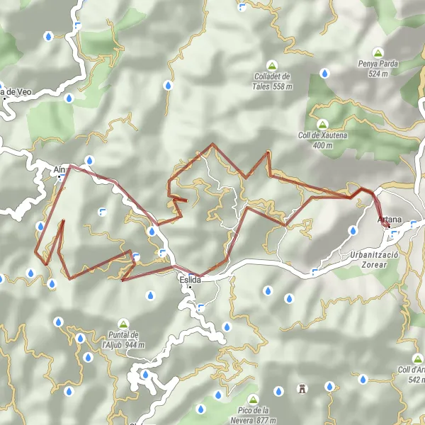 Miniatura della mappa di ispirazione al ciclismo "Esplorazione in gravel tra Eslida e Aín" nella regione di Comunitat Valenciana, Spain. Generata da Tarmacs.app, pianificatore di rotte ciclistiche
