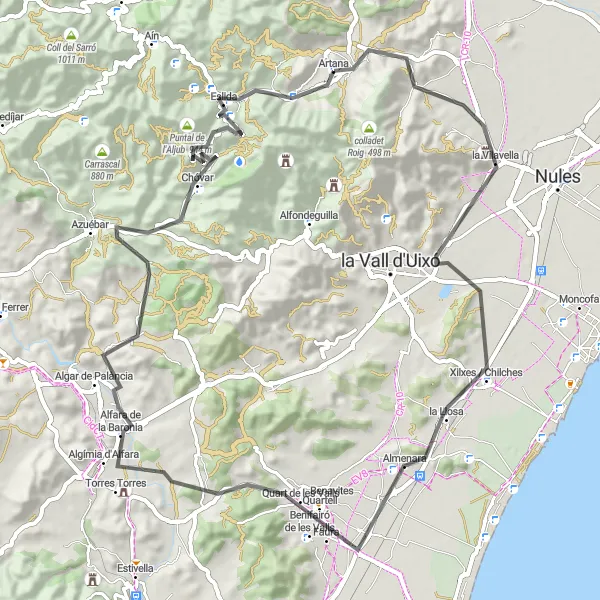 Miniatua del mapa de inspiración ciclista "Recorrido en bicicleta de carretera desde Artana" en Comunitat Valenciana, Spain. Generado por Tarmacs.app planificador de rutas ciclistas