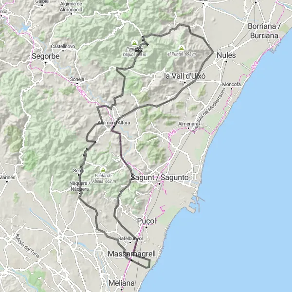 Map miniature of "Serra Loop Challenge" cycling inspiration in Comunitat Valenciana, Spain. Generated by Tarmacs.app cycling route planner