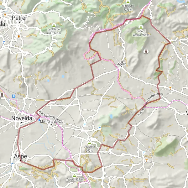 Miniaturní mapa "Gravel trasa kolem Aspe" inspirace pro cyklisty v oblasti Comunitat Valenciana, Spain. Vytvořeno pomocí plánovače tras Tarmacs.app