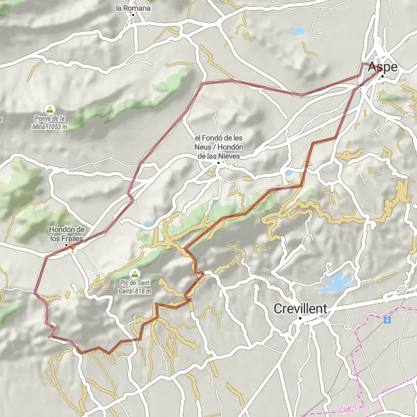 Map miniature of "la Vella and Hondón de los Frailes Gravel Adventure" cycling inspiration in Comunitat Valenciana, Spain. Generated by Tarmacs.app cycling route planner