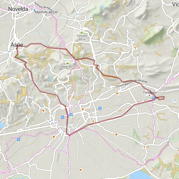 Miniatura della mappa di ispirazione al ciclismo "Rotta ciclabile panoramica da Aspe" nella regione di Comunitat Valenciana, Spain. Generata da Tarmacs.app, pianificatore di rotte ciclistiche