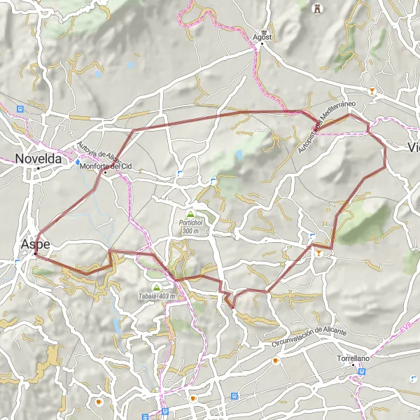 Map miniature of "Scenic Gravel Loop via Monforte del Cid" cycling inspiration in Comunitat Valenciana, Spain. Generated by Tarmacs.app cycling route planner