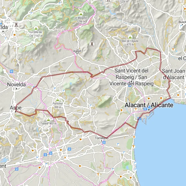 Miniatua del mapa de inspiración ciclista "Ruta de ciclismo de gravilla desde Aspe" en Comunitat Valenciana, Spain. Generado por Tarmacs.app planificador de rutas ciclistas