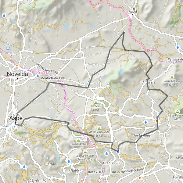 Miniatura mapy "Trasa rowerowa Aspe - Monforte del Cid - Tossal del Capellà - l'Alcoraia - Alt de la Canyada" - trasy rowerowej w Comunitat Valenciana, Spain. Wygenerowane przez planer tras rowerowych Tarmacs.app