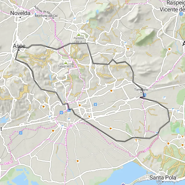 Karten-Miniaturansicht der Radinspiration "Erkundungstour von Aspe nach Elx / Elche" in Comunitat Valenciana, Spain. Erstellt vom Tarmacs.app-Routenplaner für Radtouren