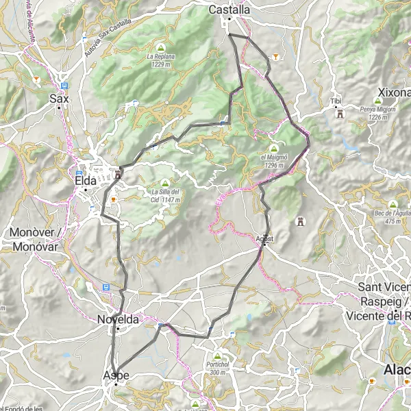 Miniatura della mappa di ispirazione al ciclismo "Tour in bicicletta su strada tra Aspe e Monforte del Cid" nella regione di Comunitat Valenciana, Spain. Generata da Tarmacs.app, pianificatore di rotte ciclistiche