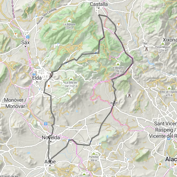 Map miniature of "Glimpse of Novelda and Agost" cycling inspiration in Comunitat Valenciana, Spain. Generated by Tarmacs.app cycling route planner