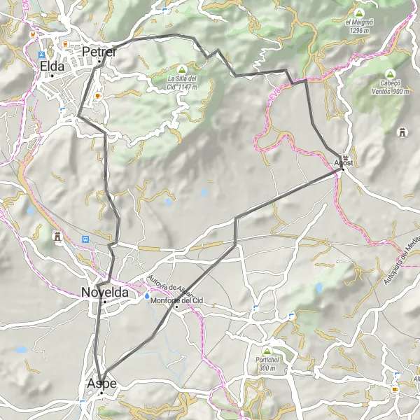 Miniature de la carte de l'inspiration cycliste "La découverte des trésors cachés de Novelda à Agost" dans la Comunitat Valenciana, Spain. Générée par le planificateur d'itinéraire cycliste Tarmacs.app
