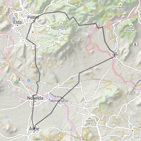 Miniatua del mapa de inspiración ciclista "Ruta de ciclismo de carretera desde Aspe" en Comunitat Valenciana, Spain. Generado por Tarmacs.app planificador de rutas ciclistas