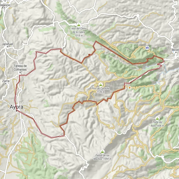 Miniatura della mappa di ispirazione al ciclismo "Gravel: Ayora - Teresa de Cofrentes" nella regione di Comunitat Valenciana, Spain. Generata da Tarmacs.app, pianificatore di rotte ciclistiche