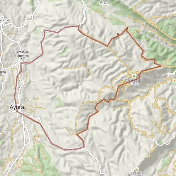 Miniatura mapy "Trasa gravelowa: Ayora - Teresa de Cofrentes - Pico de Caroche - Castillo de Ayora" - trasy rowerowej w Comunitat Valenciana, Spain. Wygenerowane przez planer tras rowerowych Tarmacs.app