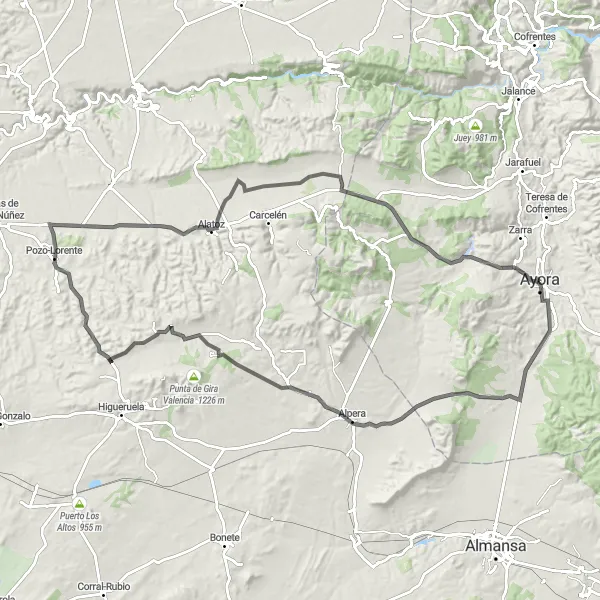 Miniatua del mapa de inspiración ciclista "Vuelta a Ayora y sus alrededores" en Comunitat Valenciana, Spain. Generado por Tarmacs.app planificador de rutas ciclistas