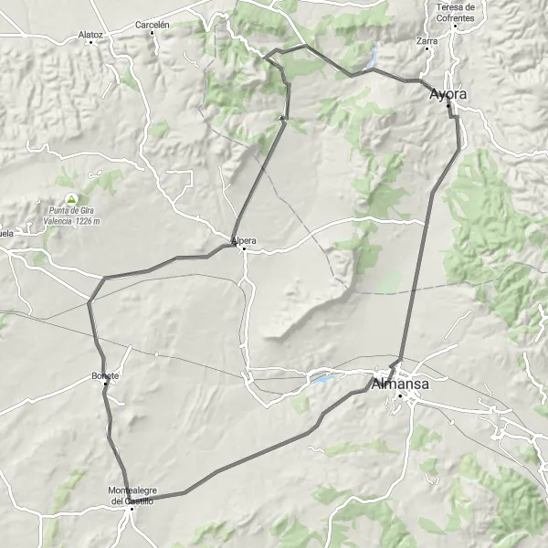 Miniatua del mapa de inspiración ciclista "Vuelta a Ayora y Montealegre del Castillo" en Comunitat Valenciana, Spain. Generado por Tarmacs.app planificador de rutas ciclistas