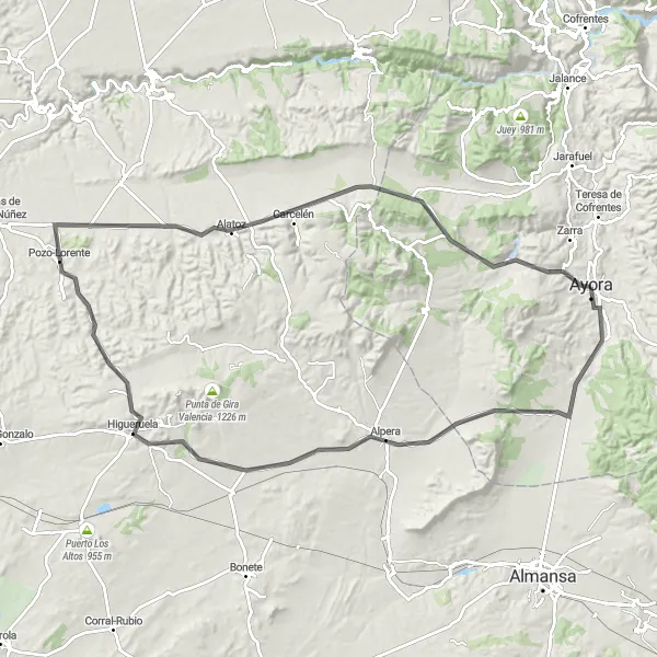 Miniatua del mapa de inspiración ciclista "Vuelta a Ayora y sus alrededores" en Comunitat Valenciana, Spain. Generado por Tarmacs.app planificador de rutas ciclistas