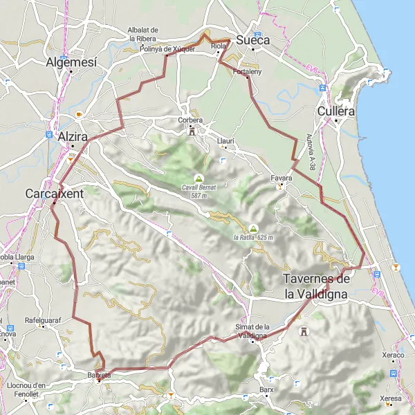 Miniatura della mappa di ispirazione al ciclismo "Tour in bicicletta da Barxeta a Tavernes de la Valldigna" nella regione di Comunitat Valenciana, Spain. Generata da Tarmacs.app, pianificatore di rotte ciclistiche