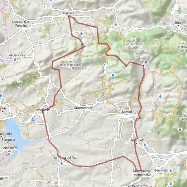 Map miniature of "Barxeta to Mirador de la Creueta Gravel Challenge" cycling inspiration in Comunitat Valenciana, Spain. Generated by Tarmacs.app cycling route planner