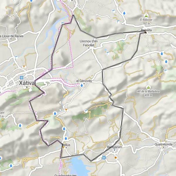 Miniatua del mapa de inspiración ciclista "Ruta de Barxeta - Penya Roja - Bellús" en Comunitat Valenciana, Spain. Generado por Tarmacs.app planificador de rutas ciclistas