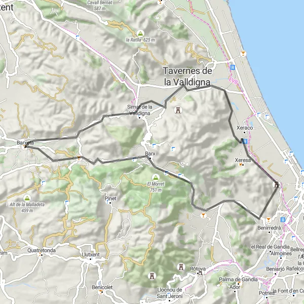 Miniatua del mapa de inspiración ciclista "Ruta de Barxeta - Penya de la Mel" en Comunitat Valenciana, Spain. Generado por Tarmacs.app planificador de rutas ciclistas