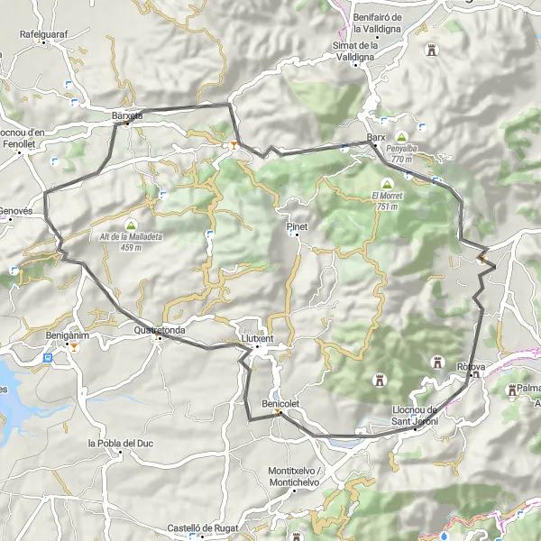 Miniatua del mapa de inspiración ciclista "Ruta de Barxeta - Picaio - Almiserà" en Comunitat Valenciana, Spain. Generado por Tarmacs.app planificador de rutas ciclistas