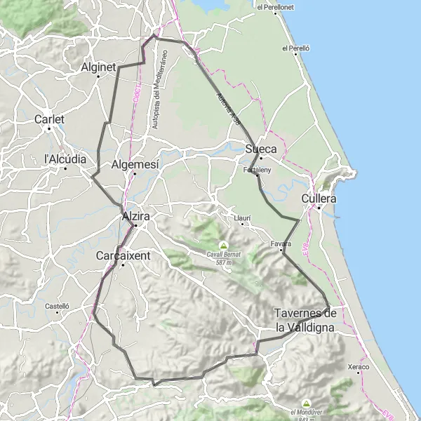 Miniatua del mapa de inspiración ciclista "Ruta ciclista por carretera desde Barxeta a Sueca" en Comunitat Valenciana, Spain. Generado por Tarmacs.app planificador de rutas ciclistas