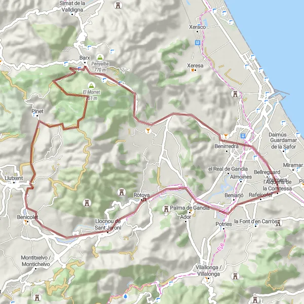 Miniature de la carte de l'inspiration cycliste "L'aventure gravel près de Bellreguard" dans la Comunitat Valenciana, Spain. Générée par le planificateur d'itinéraire cycliste Tarmacs.app