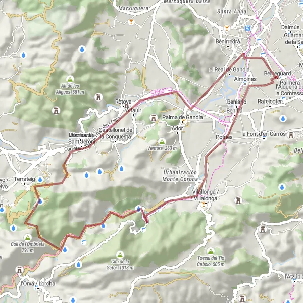 Miniatua del mapa de inspiración ciclista "Ruta de Gravel en Bellreguard - Almoines - Tossalet de l'Alcúdia - Les Trones - Terrateig - Gandia" en Comunitat Valenciana, Spain. Generado por Tarmacs.app planificador de rutas ciclistas