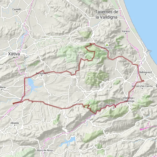 Miniatua del mapa de inspiración ciclista "Ruta de Gravel en Bellreguard - Beniflá - Tossalet de l'Alcúdia - Les Trones - Castelló de Rugat - Alfarrasí - Quatretonda - Alt de les Raconades - el Mondúver - Benirredrà" en Comunitat Valenciana, Spain. Generado por Tarmacs.app planificador de rutas ciclistas