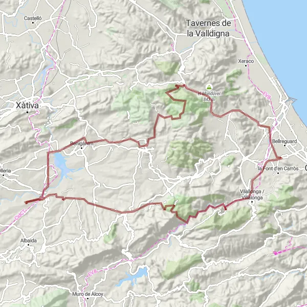 Miniatuurkaart van de fietsinspiratie "Gravelroute naar Beniflá, Castelló de Rugat en Quatretonda" in Comunitat Valenciana, Spain. Gemaakt door de Tarmacs.app fietsrouteplanner