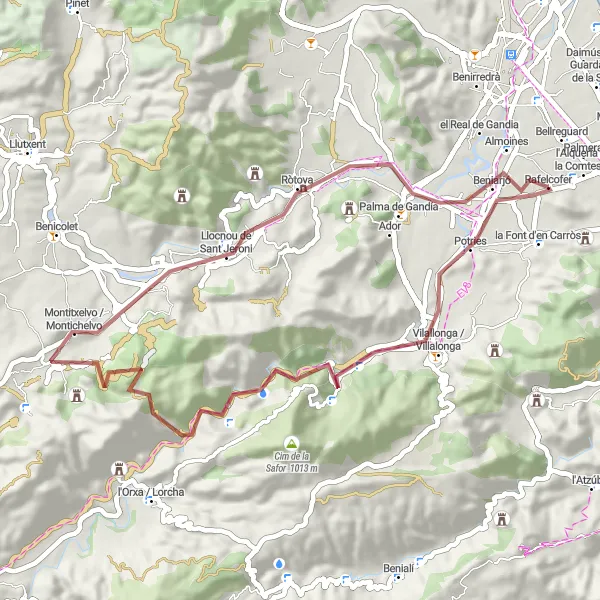 Miniatuurkaart van de fietsinspiratie "Gravelroute naar Beniflá, Aielo de Rugat en Beniarjó" in Comunitat Valenciana, Spain. Gemaakt door de Tarmacs.app fietsrouteplanner