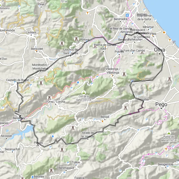 Miniatua del mapa de inspiración ciclista "Ruta en bicicleta de carretera cerca de Bellreguard" en Comunitat Valenciana, Spain. Generado por Tarmacs.app planificador de rutas ciclistas