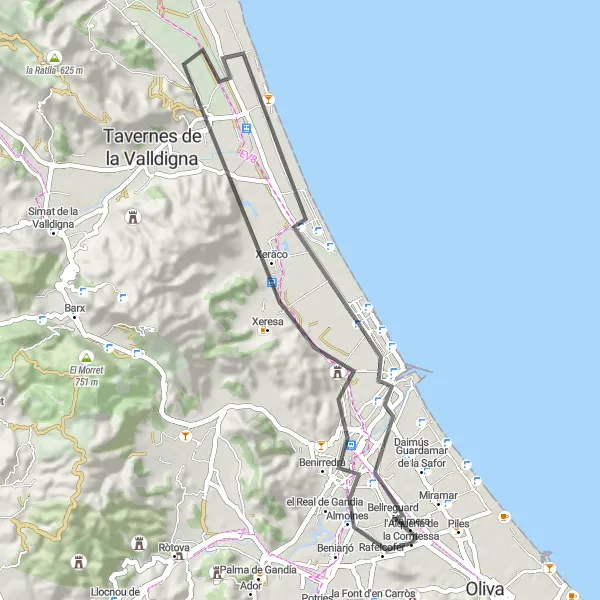 Miniature de la carte de l'inspiration cycliste "La boucle de Gandia" dans la Comunitat Valenciana, Spain. Générée par le planificateur d'itinéraire cycliste Tarmacs.app