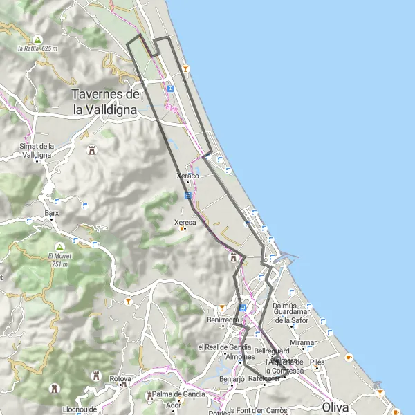 Miniatuurkaart van de fietsinspiratie "Fietsroute Gandia" in Comunitat Valenciana, Spain. Gemaakt door de Tarmacs.app fietsrouteplanner