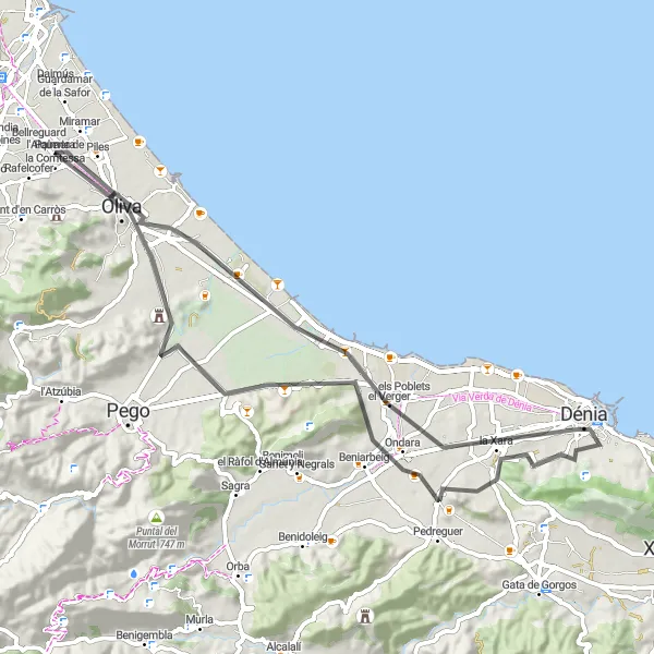 Miniatura mapy "Trasa rowerowa Piles - Tossalet del Doix - Castell del Castellar - el Miquelet - Dénia - els Poblets - Bellreguard" - trasy rowerowej w Comunitat Valenciana, Spain. Wygenerowane przez planer tras rowerowych Tarmacs.app
