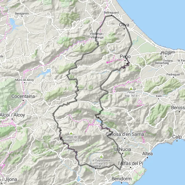 Miniatua del mapa de inspiración ciclista "Gran Desafío en Bicicleta por Bellreguard" en Comunitat Valenciana, Spain. Generado por Tarmacs.app planificador de rutas ciclistas