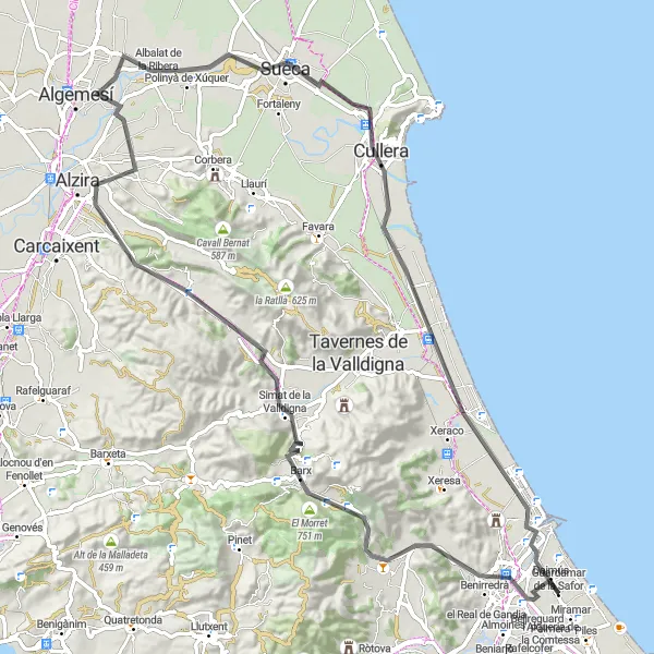 Miniatura della mappa di ispirazione al ciclismo "Giro in bicicletta da Bellreguard a Cullera e ritorno" nella regione di Comunitat Valenciana, Spain. Generata da Tarmacs.app, pianificatore di rotte ciclistiche