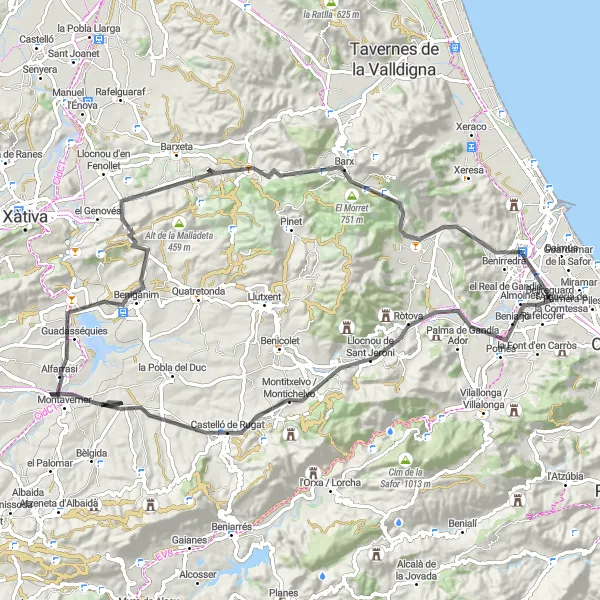 Miniatura della mappa di ispirazione al ciclismo "Giro in bicicletta da Bellreguard a Benirredrà e ritorno" nella regione di Comunitat Valenciana, Spain. Generata da Tarmacs.app, pianificatore di rotte ciclistiche