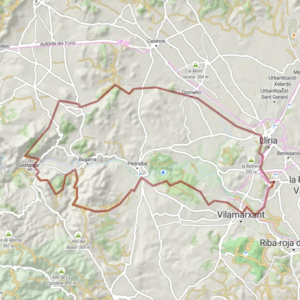 Miniatura della mappa di ispirazione al ciclismo "Giro in bicicletta attraverso Vilamarxant e Llíria" nella regione di Comunitat Valenciana, Spain. Generata da Tarmacs.app, pianificatore di rotte ciclistiche