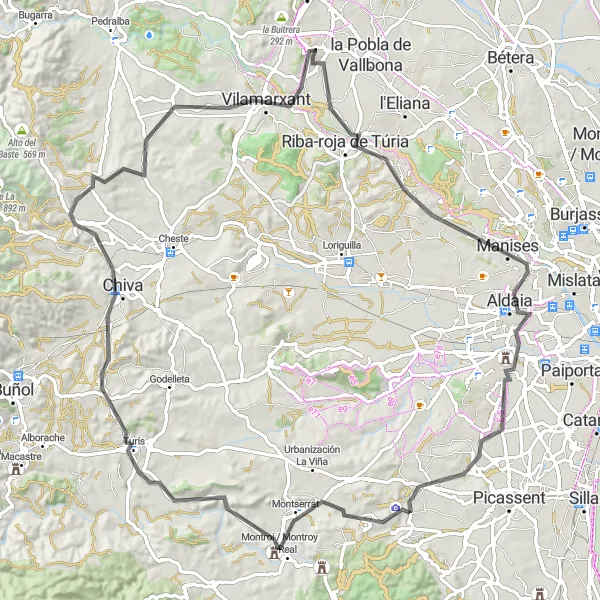 Miniatua del mapa de inspiración ciclista "Ruta en bici de carretera hacia Montroi" en Comunitat Valenciana, Spain. Generado por Tarmacs.app planificador de rutas ciclistas